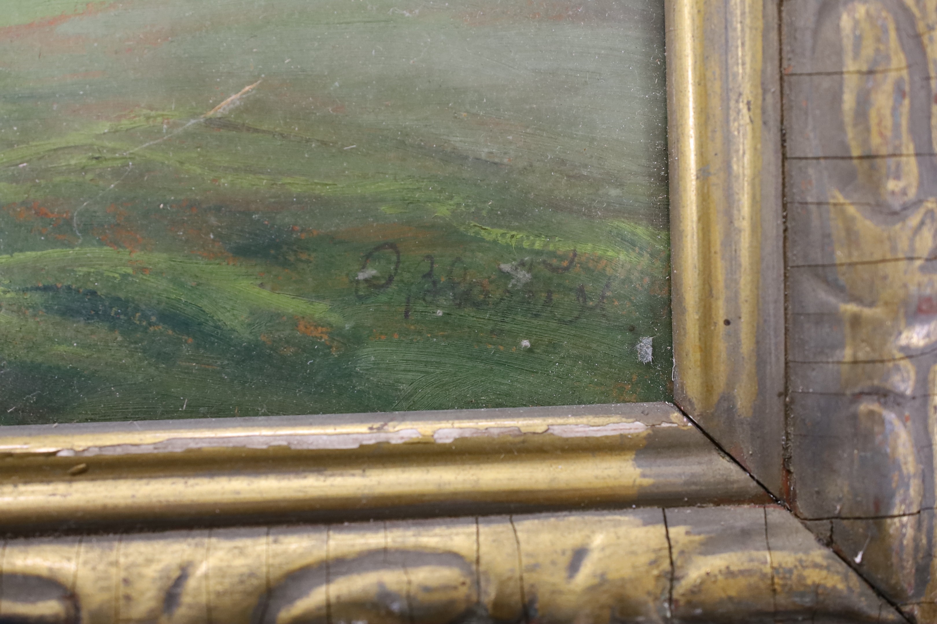 Continental School, oil on board, Harvesters in a landscape, indistinctly signed, 38 x 47cm